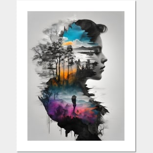 Woman Silhouette Blending With Surreal Sunset Posters and Art